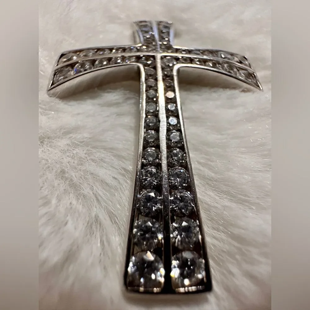Sterling Silver 925 Cross Pendant With White CZ Stones Modern Curved Design